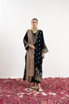 3 Pc Embroidered Velvet Suit With Yarn Dyed Dupatta