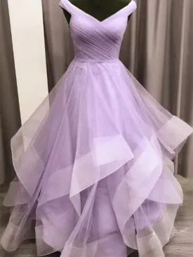 A Line Purple Tulle Long Prom Dresses, A Line Purple Tulle Long Formal Evening Dresses