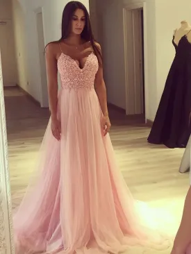 A-line Spaghetti Starp Sweep Train Tulle Appliqued Beaded Sexy Prom Dresses 2781