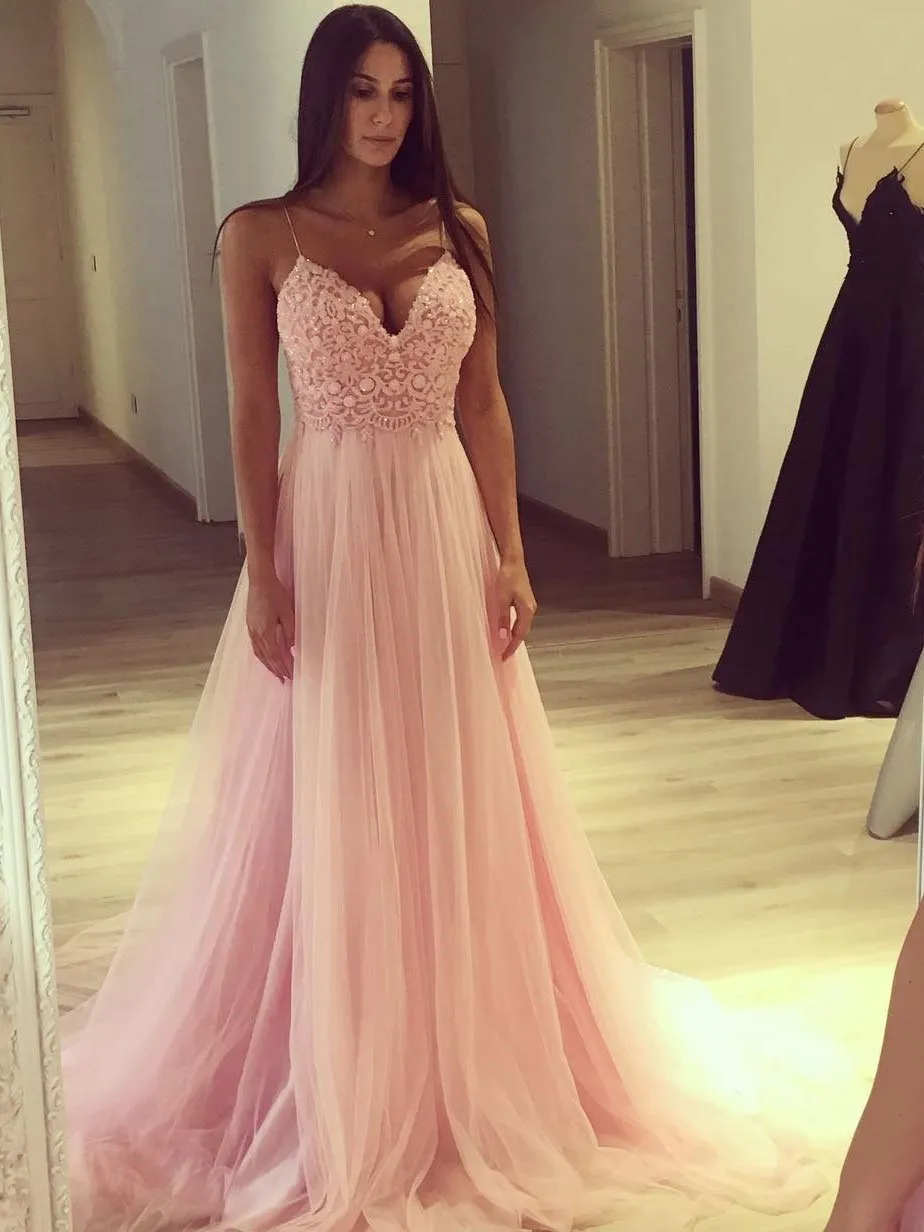 A-line Spaghetti Starp Sweep Train Tulle Appliqued Beaded Sexy Prom Dresses 2781