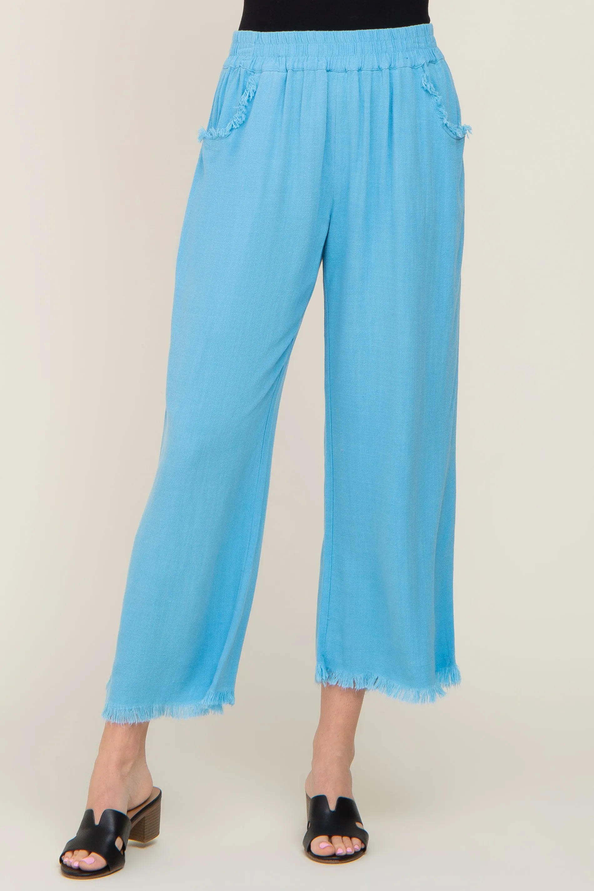 Aqua Blue Linen Frayed Hem Crop Pants
