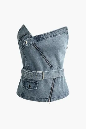 Asymmetrical Belt Denim Tube Top