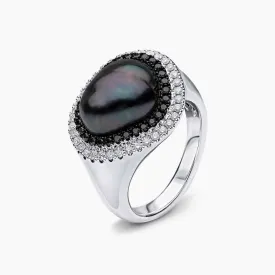 Baroque 18K Gold Tahitian Pearl and Diamond Halo Ring