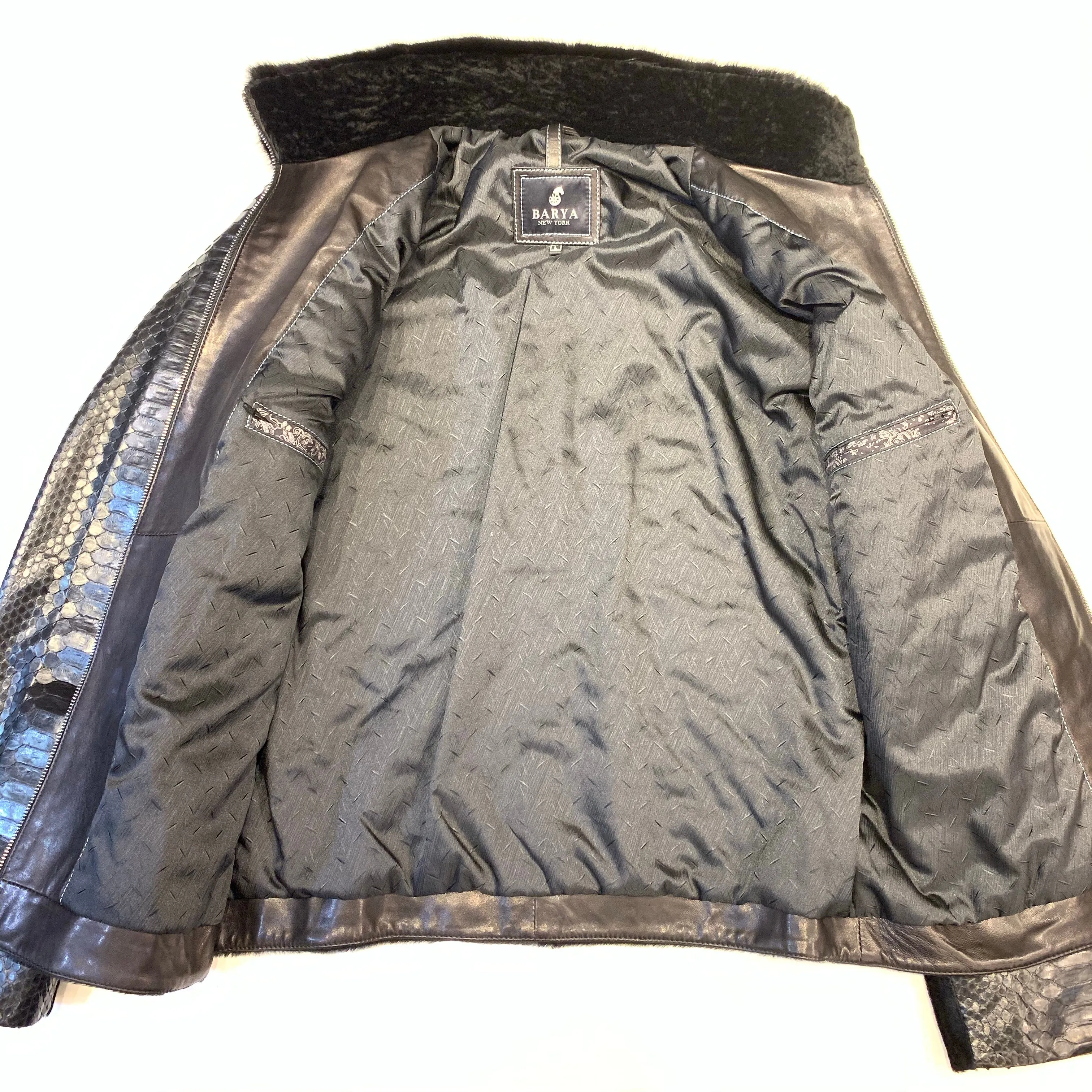 Stylish Barya New York Mink Collar Python Sleeve Bomber Jacket for Women