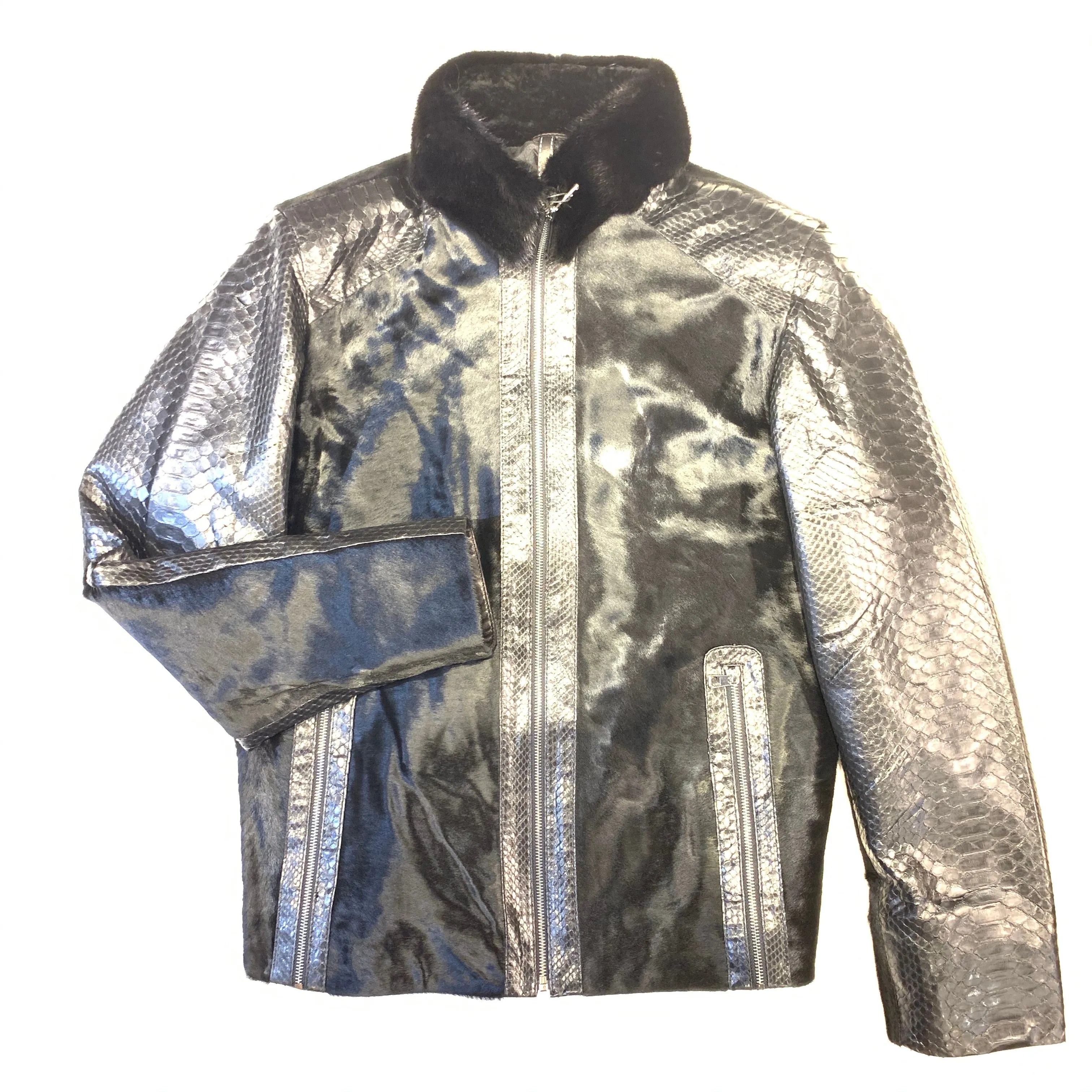 Stylish Barya New York Mink Collar Python Sleeve Bomber Jacket for Women
