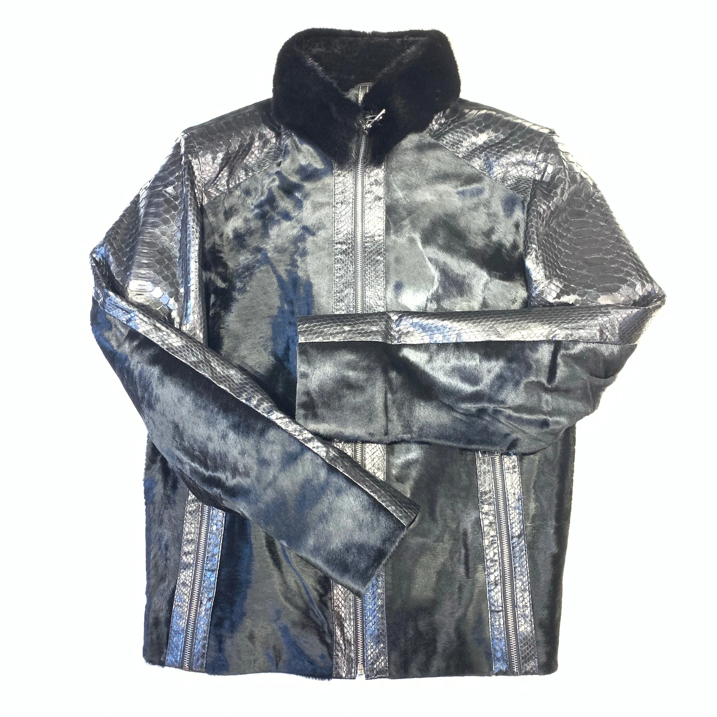 Stylish Barya New York Mink Collar Python Sleeve Bomber Jacket for Women