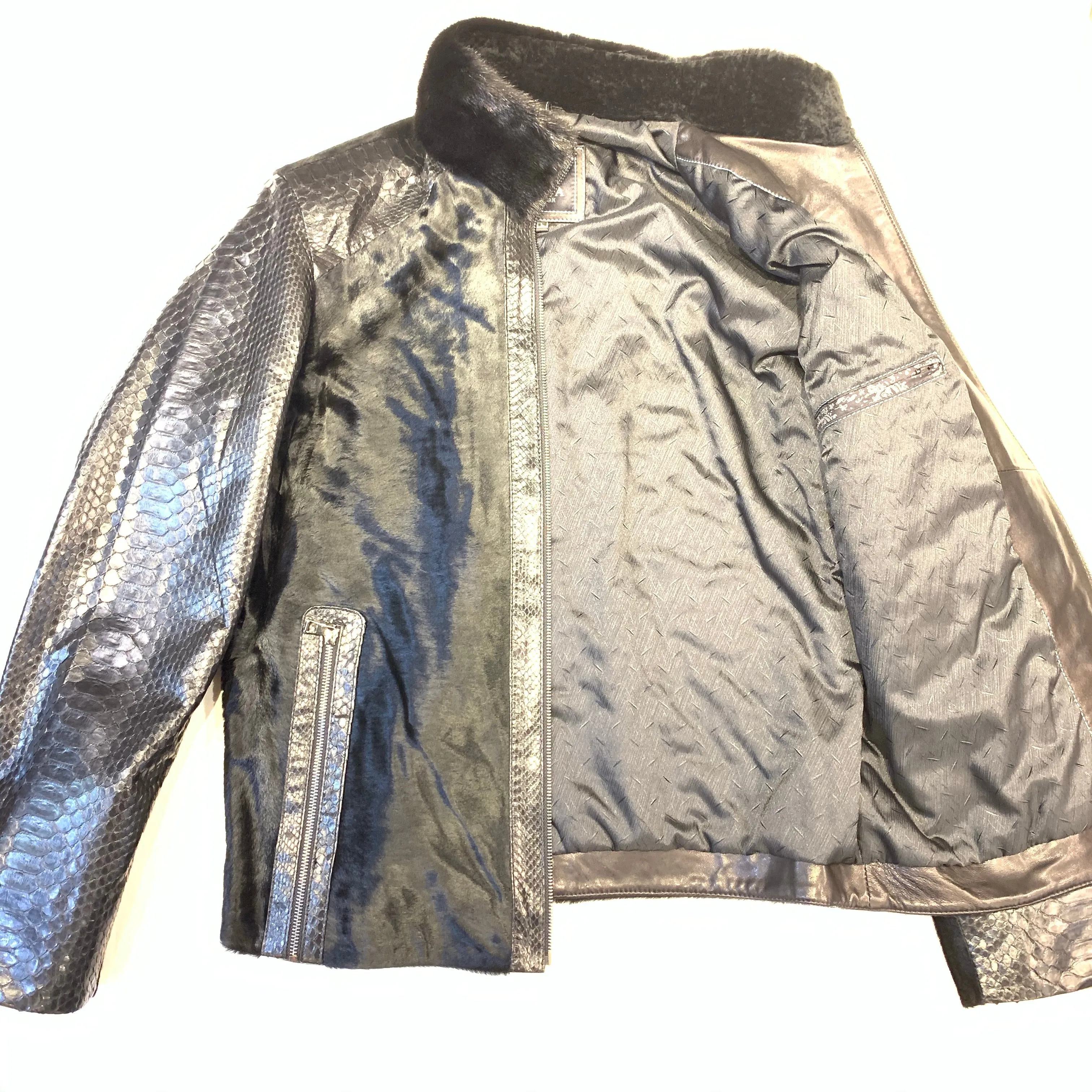 Stylish Barya New York Mink Collar Python Sleeve Bomber Jacket for Women