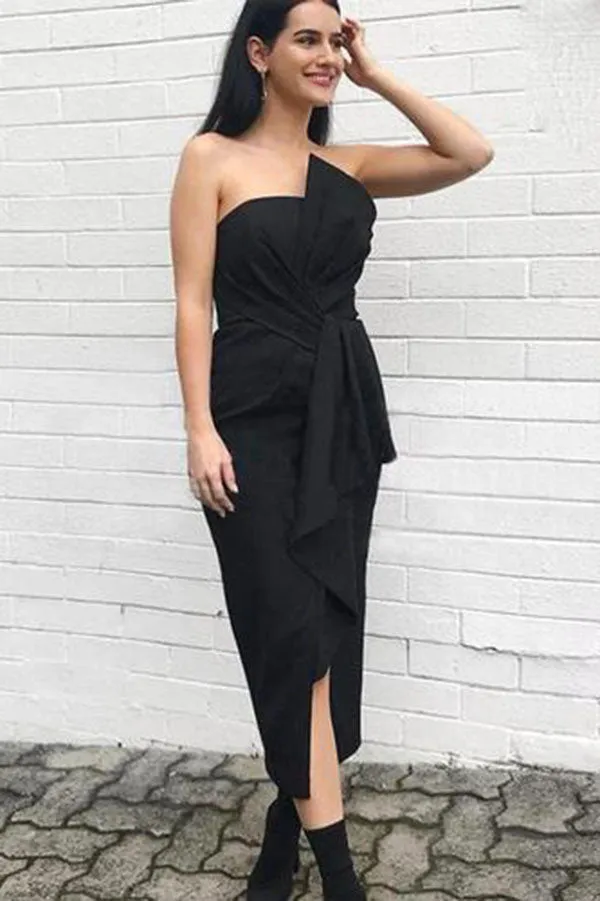Black Sheath Bow Strapless Short Bridesmaid Dresses With Middle Slit, BD116