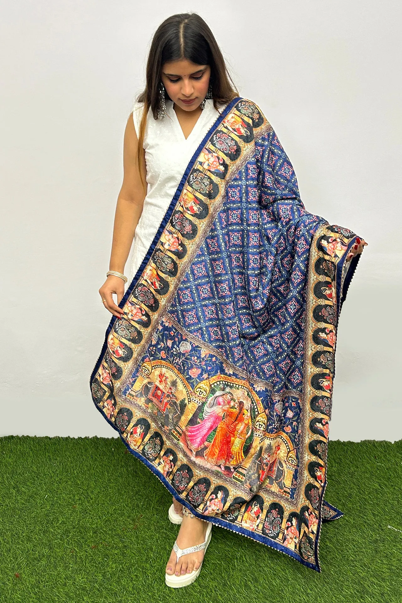 Blue Color Poly Silk Digital Graphic Printed Ethnic Dupatta Chunni For Party Wear (D68)