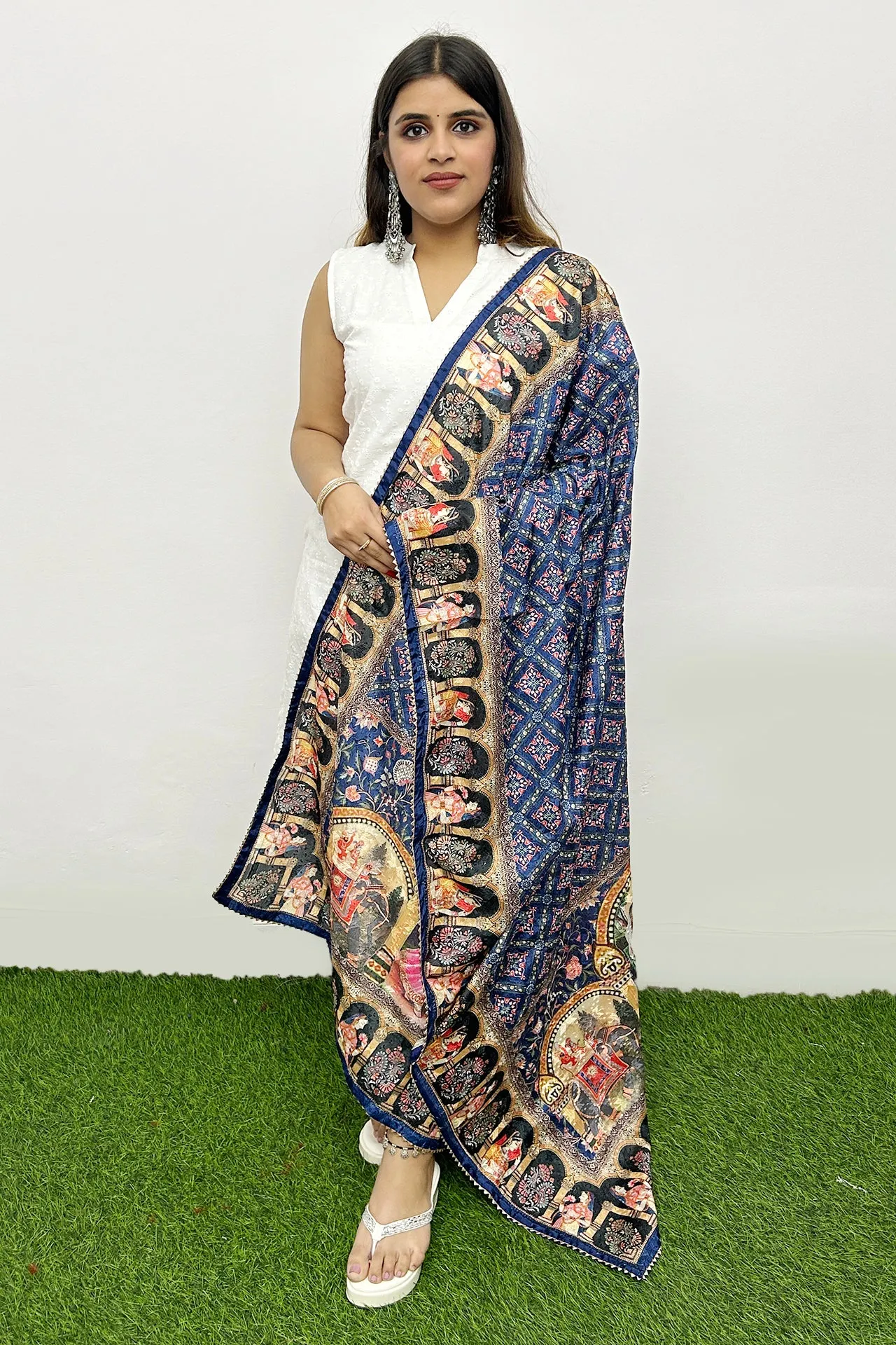 Blue Color Poly Silk Digital Graphic Printed Ethnic Dupatta Chunni For Party Wear (D68)