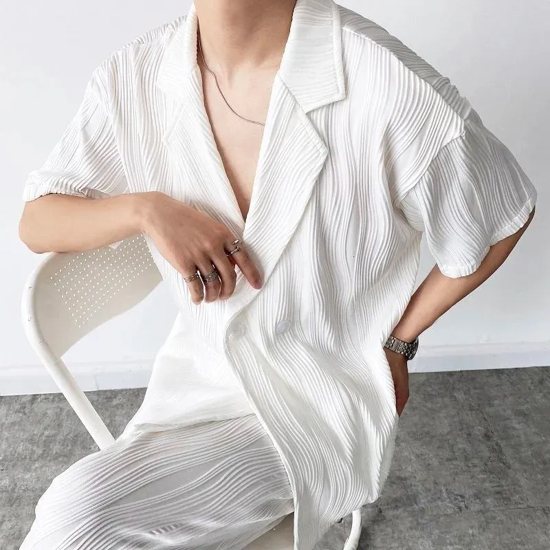 Bonsir -  Casual Men's Notched Collar Shirt New Summer Personality Black White Short Sleeve Shirts Korean Trend Tops 2Y2422