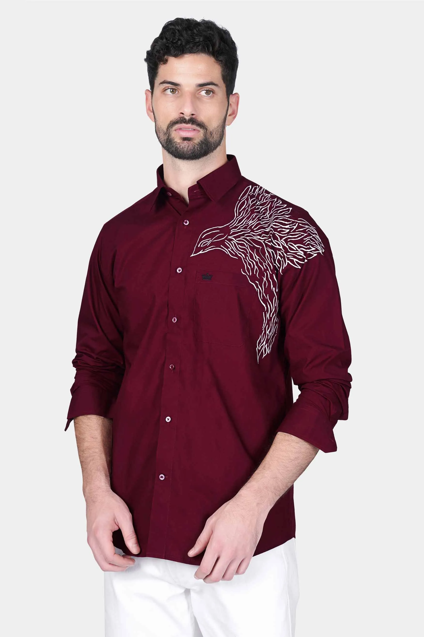 Bordeaux Maroon Eagle Hand Painted Premium Cotton Designer Shirt