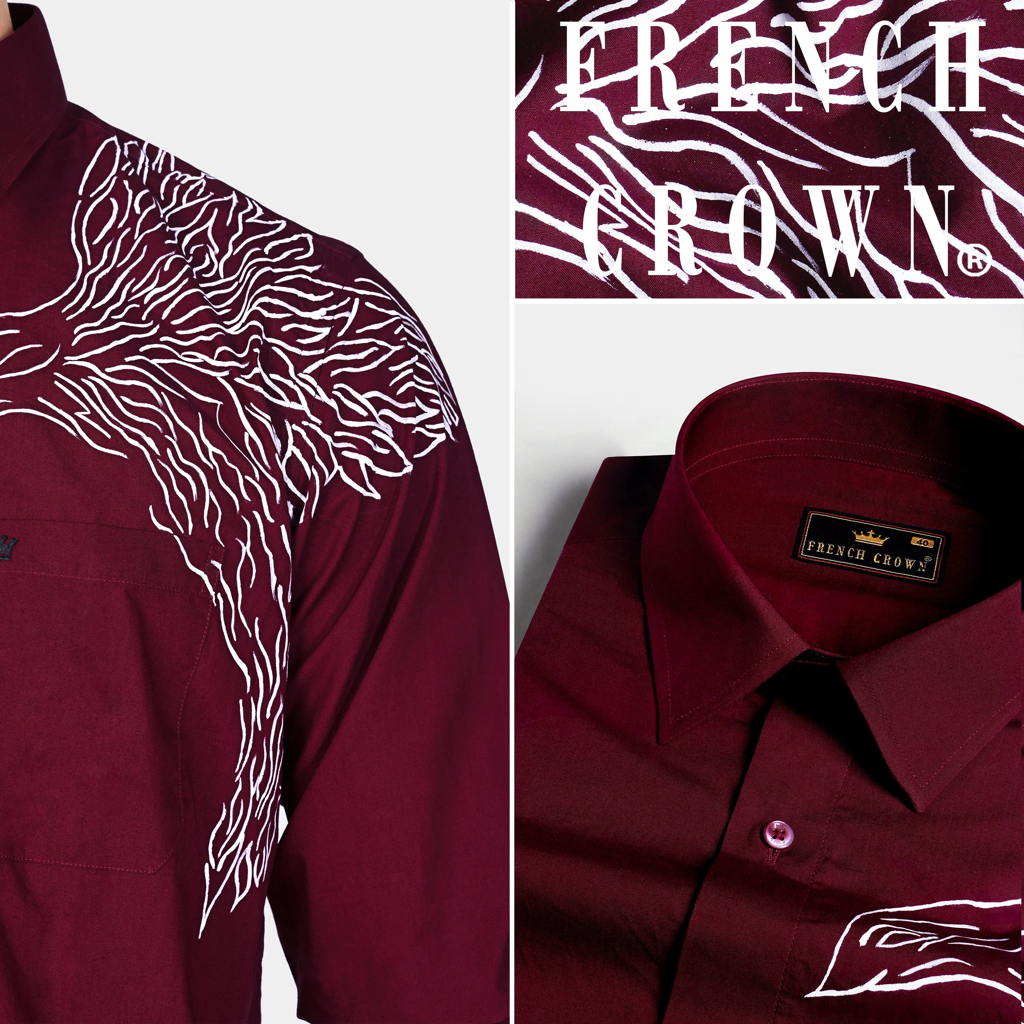 Bordeaux Maroon Eagle Hand Painted Premium Cotton Designer Shirt