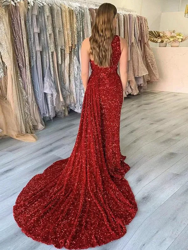 Burgundy Sheath One Shoulder Sleeveless Long Court Train Velvet Sequin Prom Dress (AF1079)