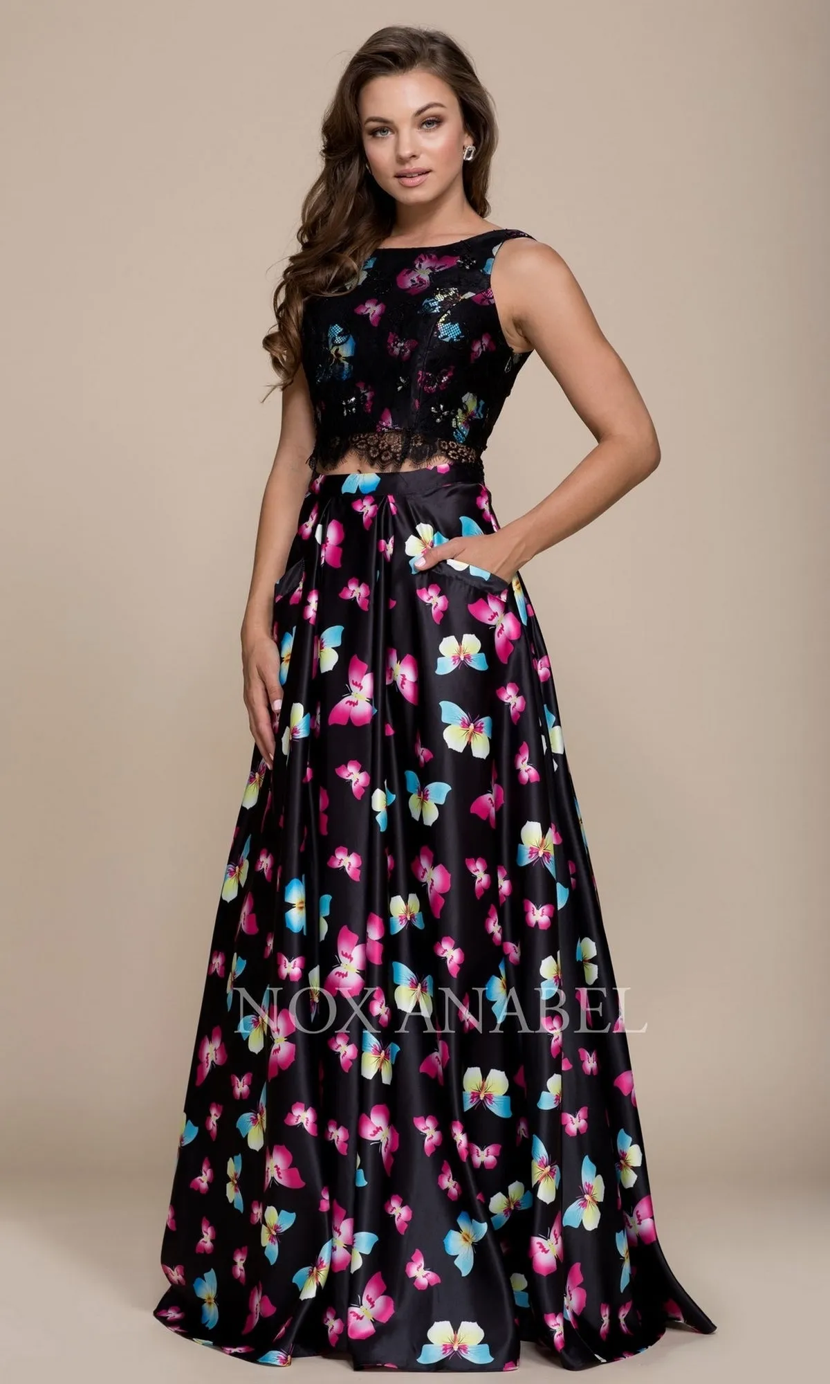 Butterfly Print Two Piece Prom Dress