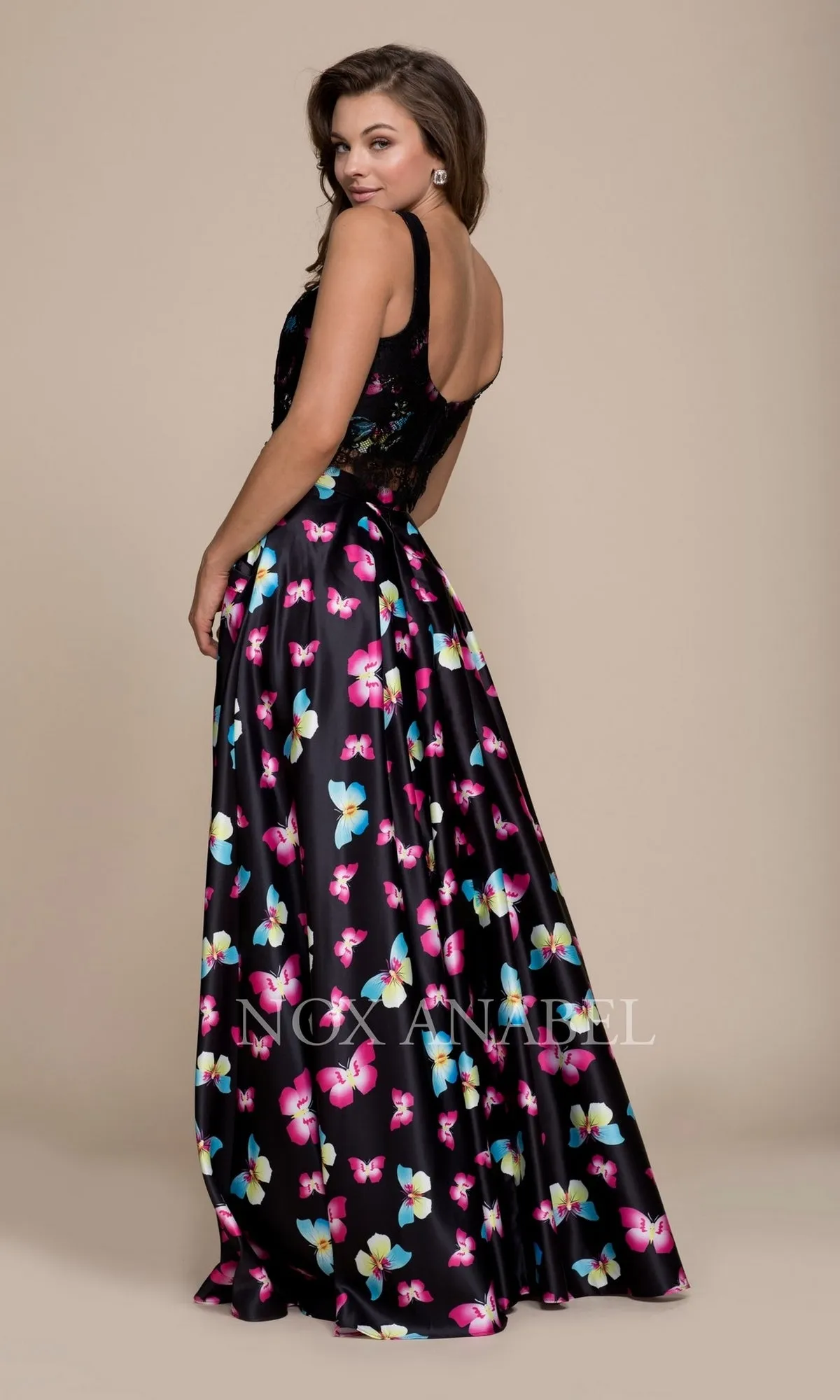Butterfly Print Two Piece Prom Dress
