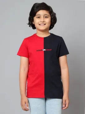 Cantabil Boy's Navy Blue Color Block Round Neck Half Sleeve T-shirt