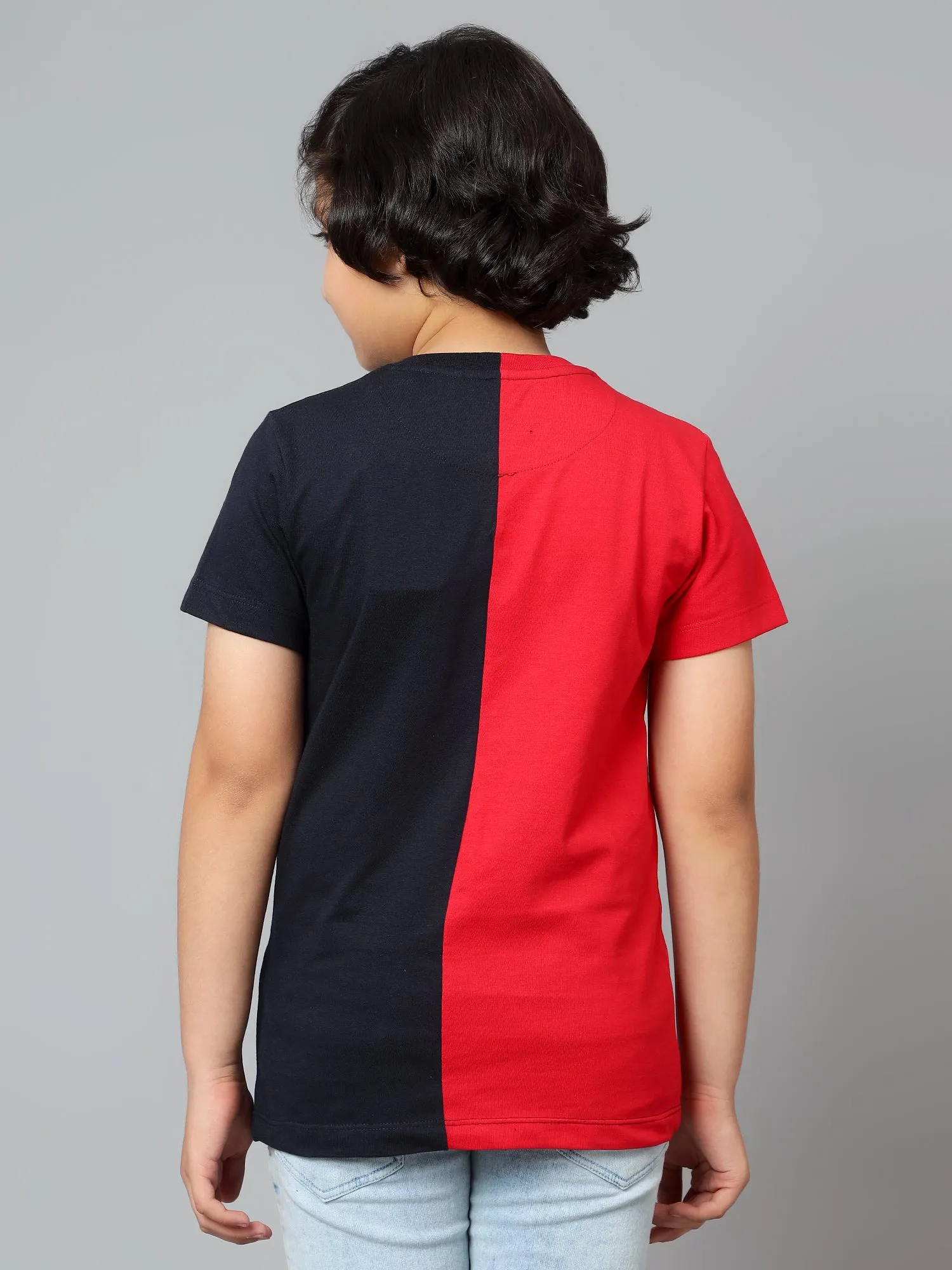 Cantabil Boy's Navy Blue Color Block Round Neck Half Sleeve T-shirt