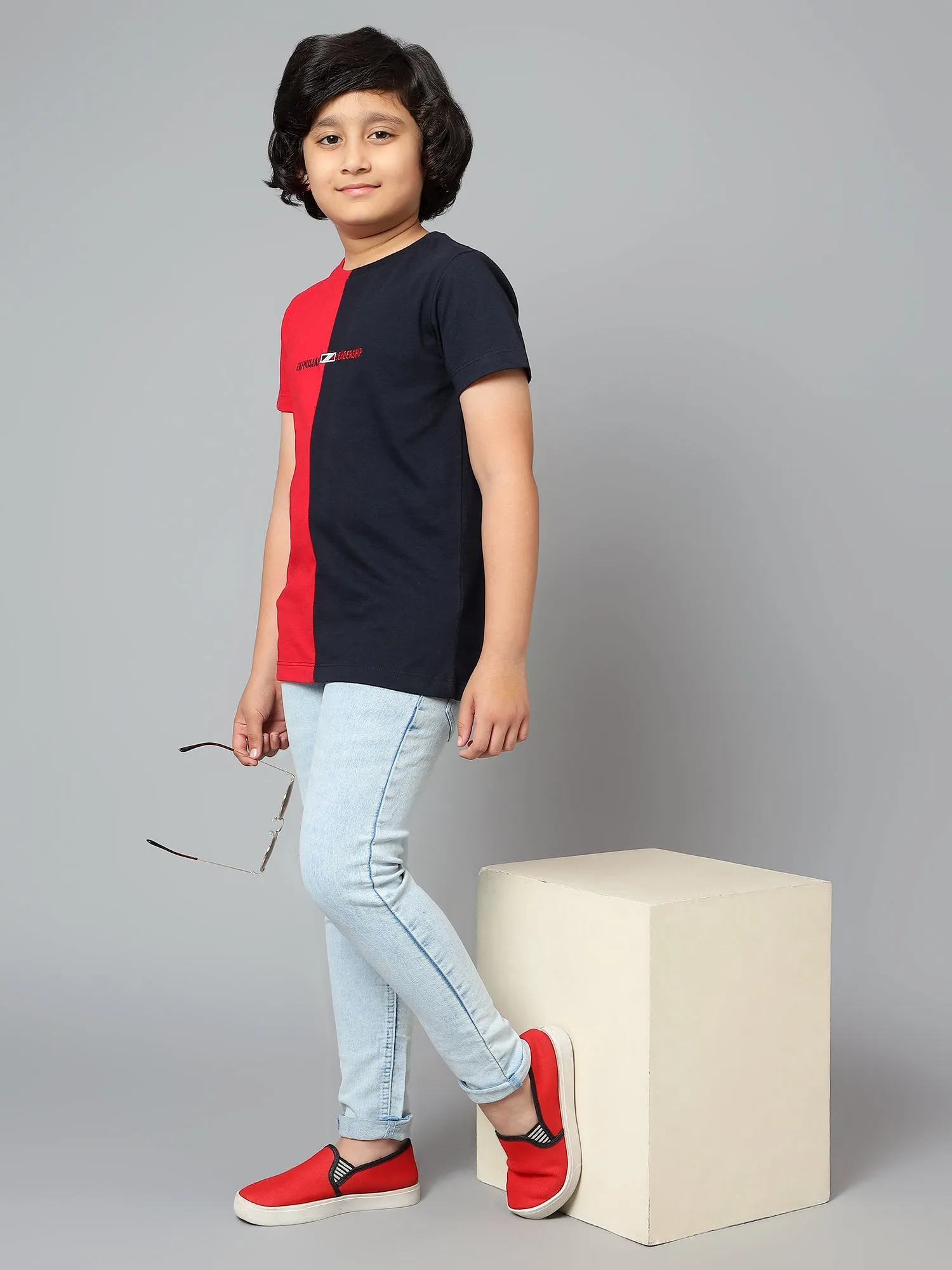 Cantabil Boy's Navy Blue Color Block Round Neck Half Sleeve T-shirt