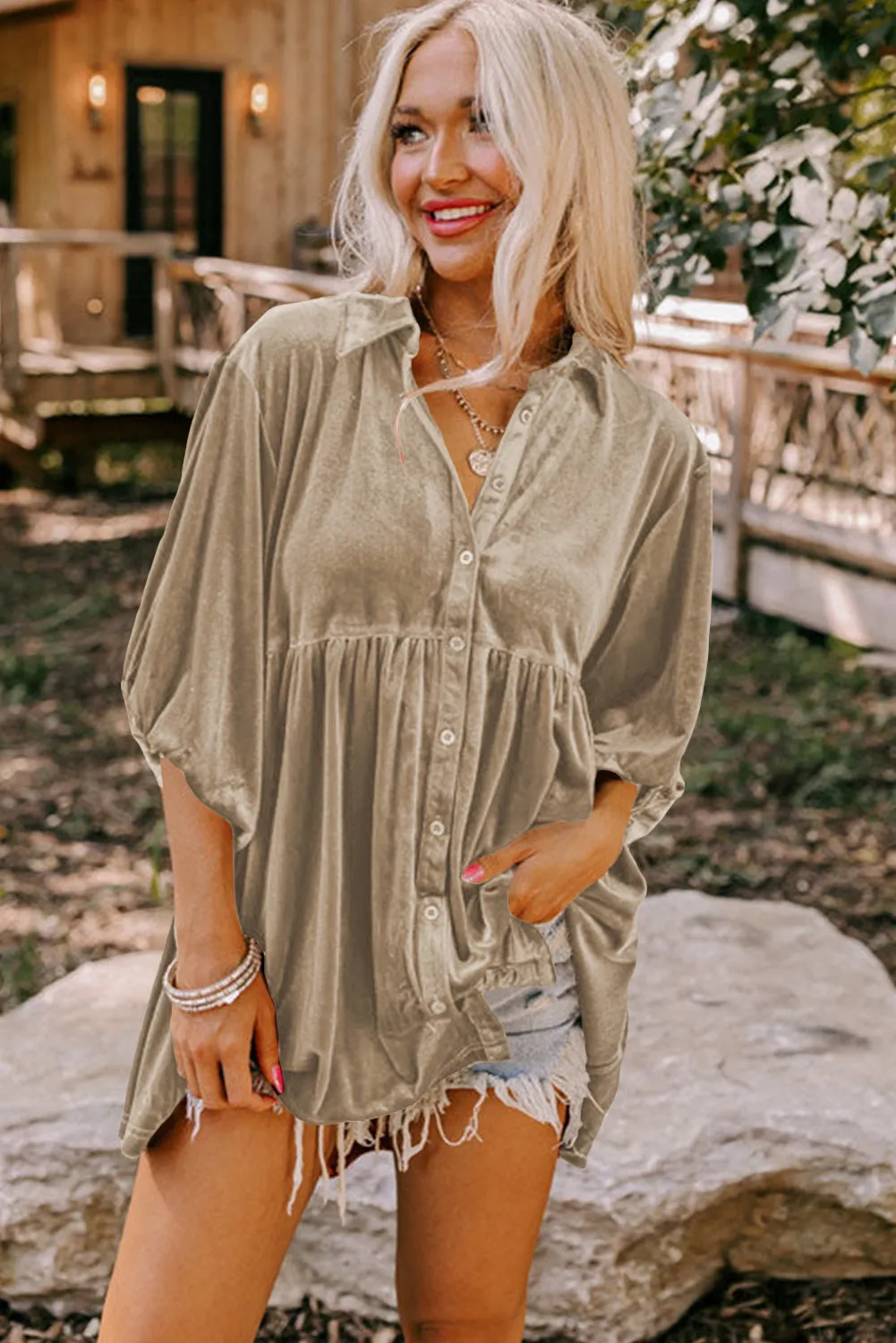 Chestnut 3/4 Sleeve Tunic Babydoll Velvet Shirt