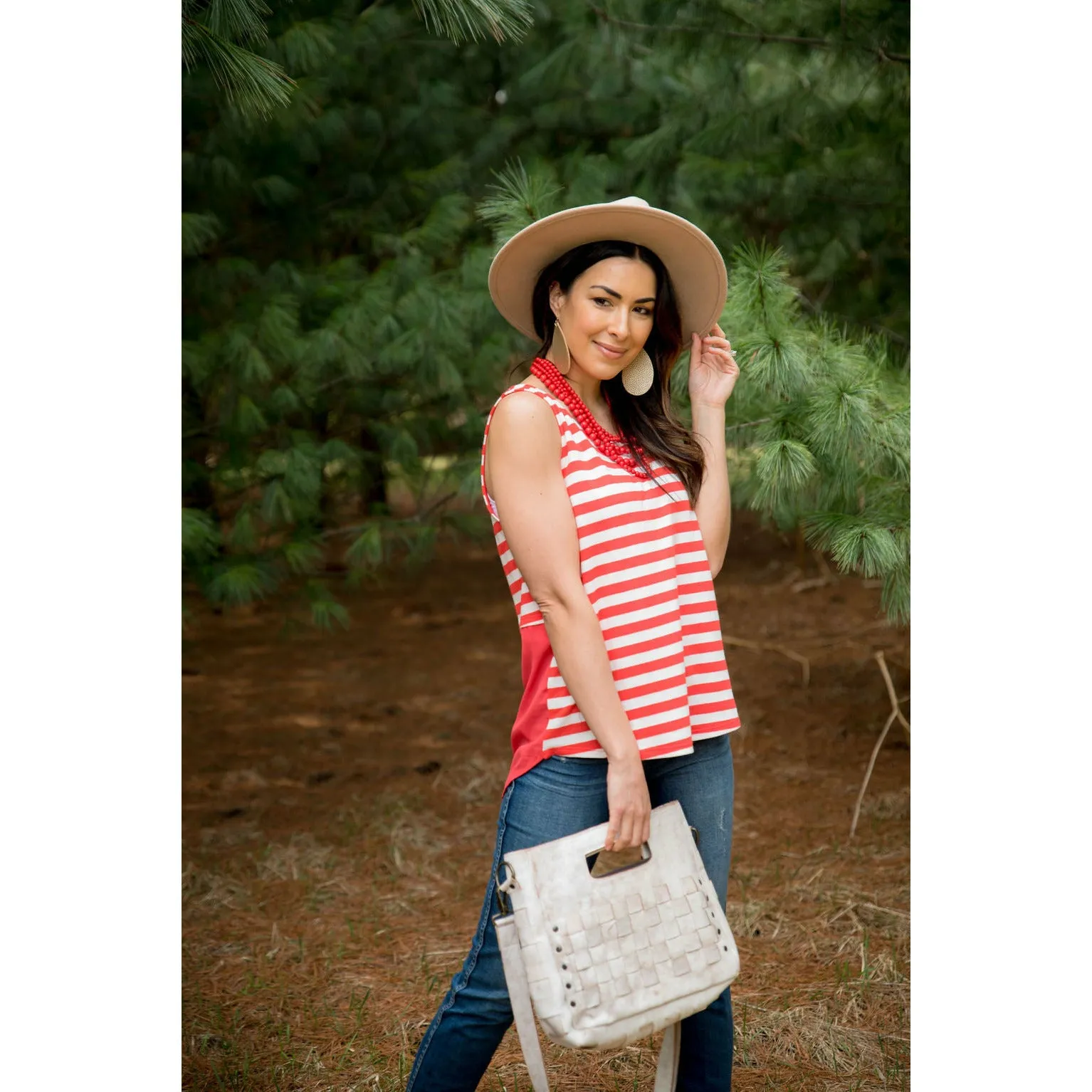 Chiffon Back Tank Top with Coral Stripes