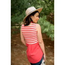 Chiffon Back Tank Top with Coral Stripes