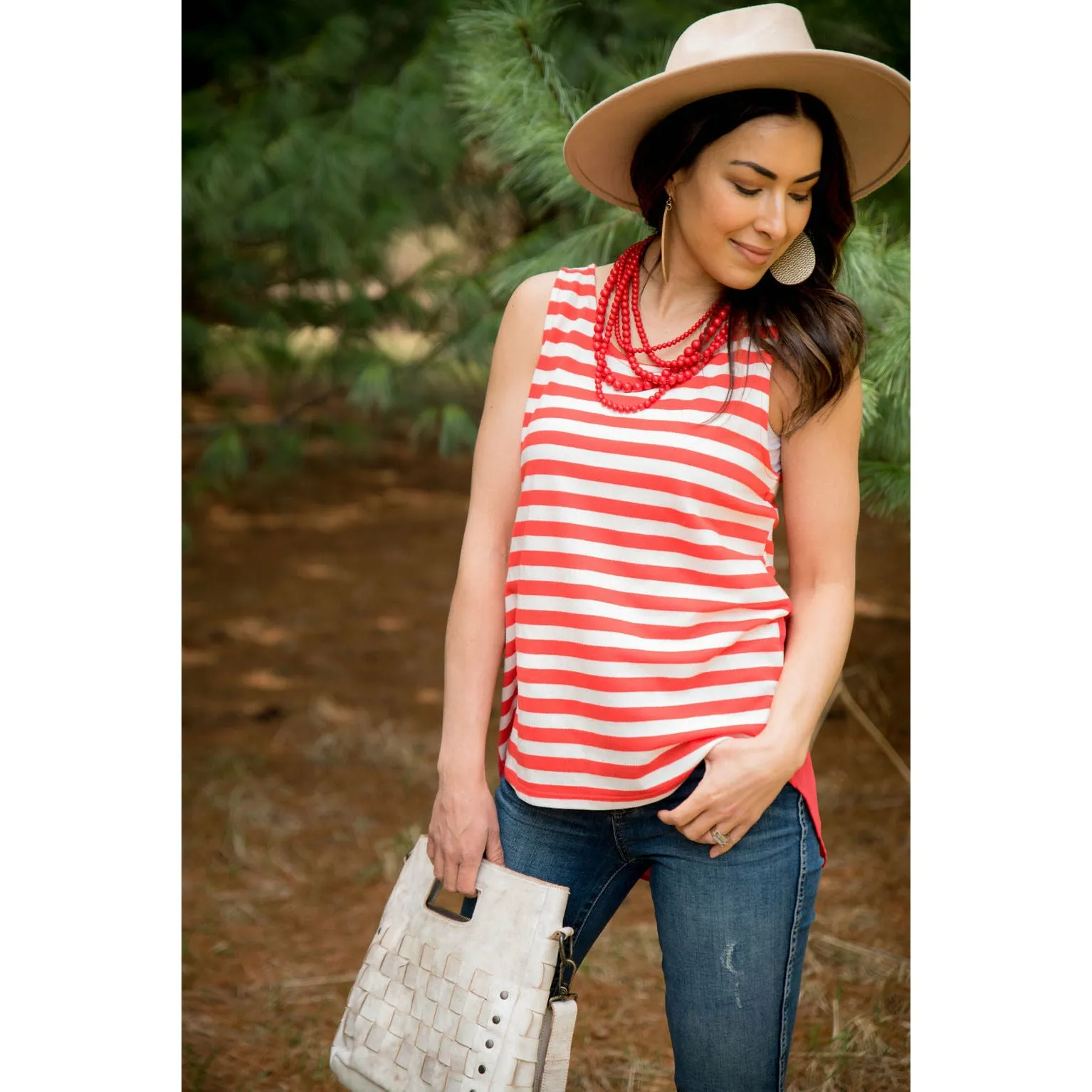 Chiffon Back Tank Top with Coral Stripes