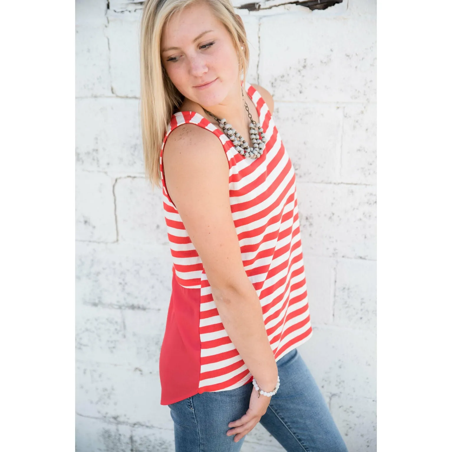 Chiffon Back Tank Top with Coral Stripes