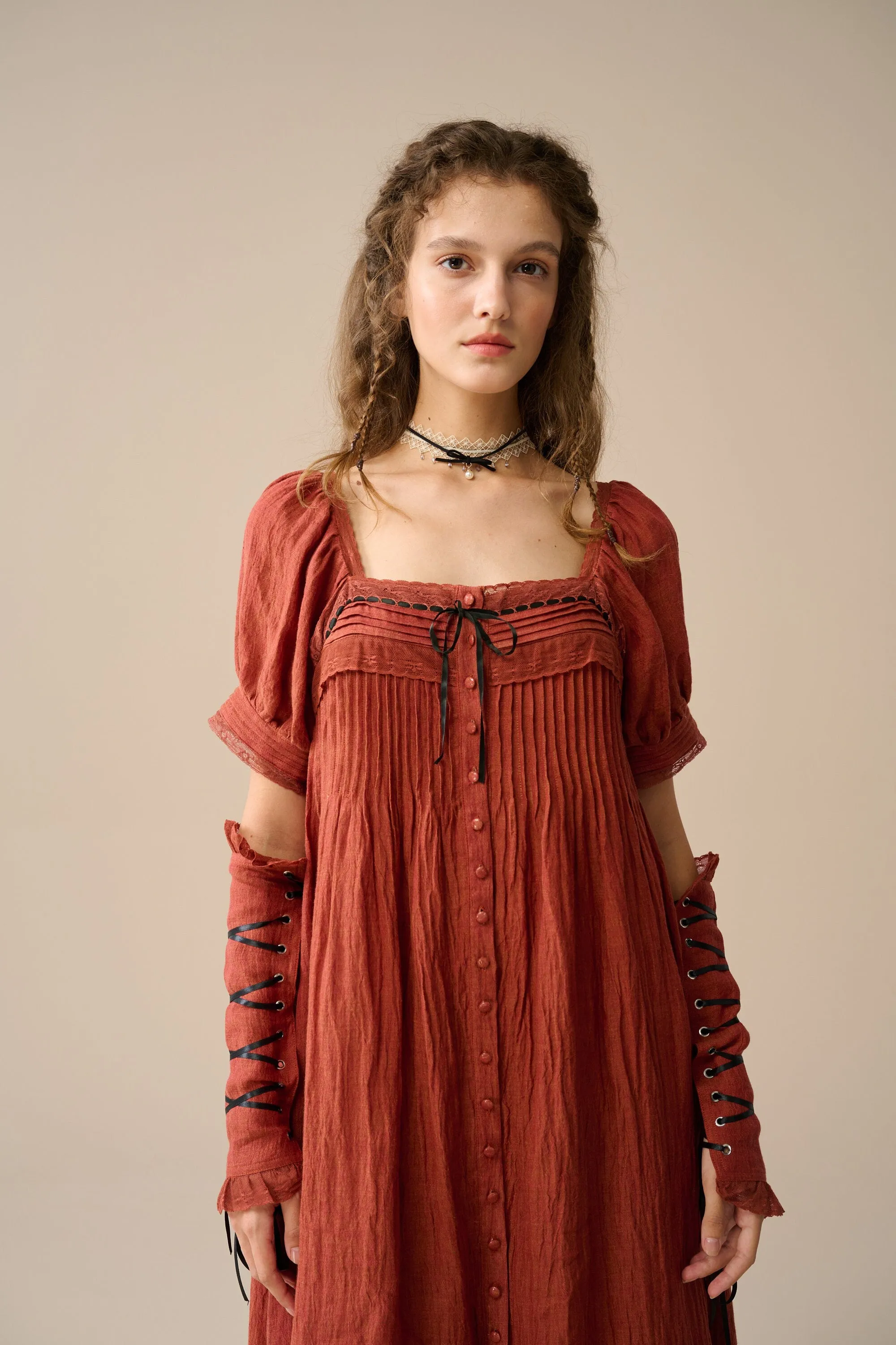 Daphne 26 | Pleated linen dress(with lace-up arm sleeves )