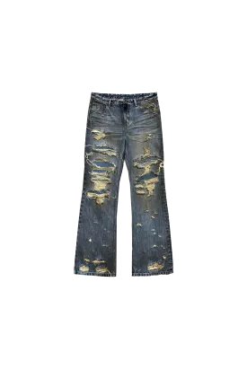 Distressed Patchwork Washed Bootcut Jeans