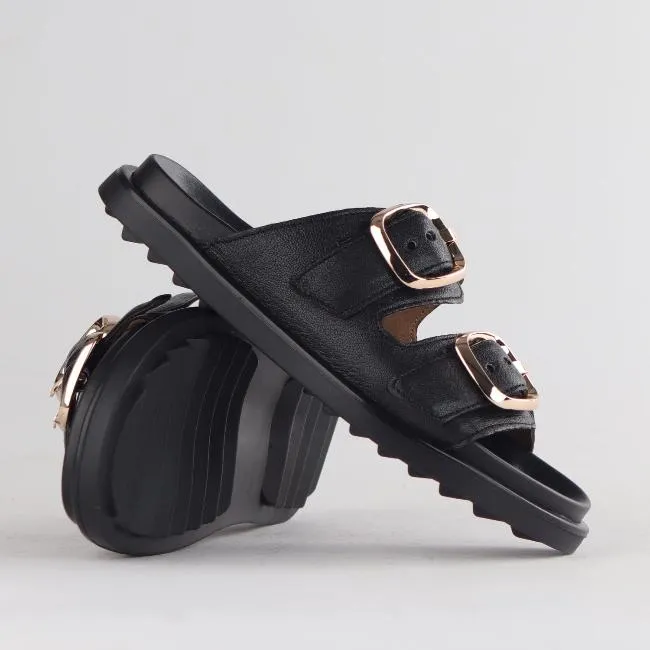 Double Buckle Mules in Black - 12681