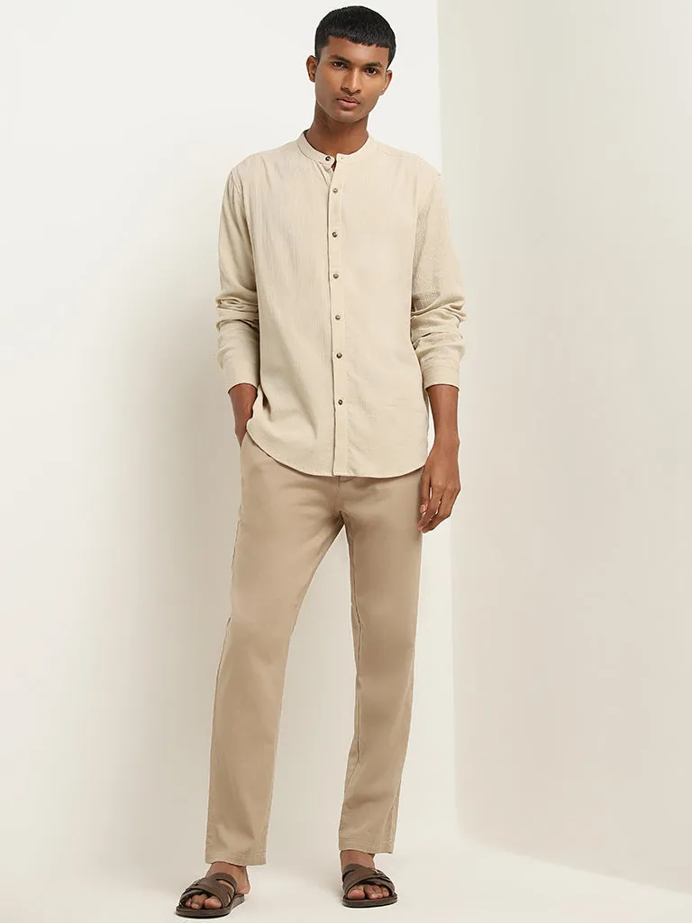 Premium Beige Resort-Fit Cotton Shirt with Crinkle Texture