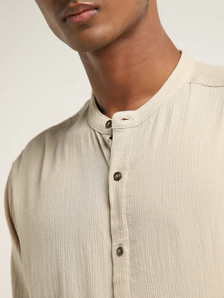 Premium Beige Resort-Fit Cotton Shirt with Crinkle Texture