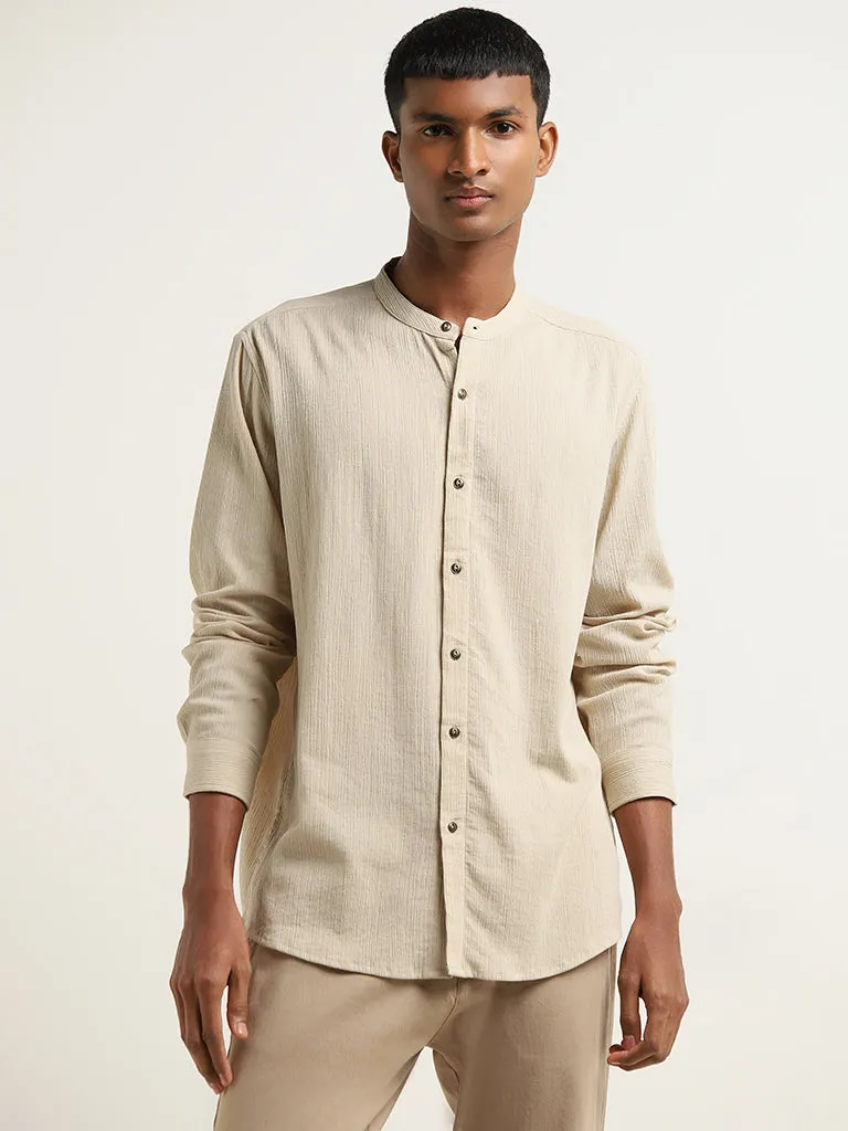 Premium Beige Resort-Fit Cotton Shirt with Crinkle Texture