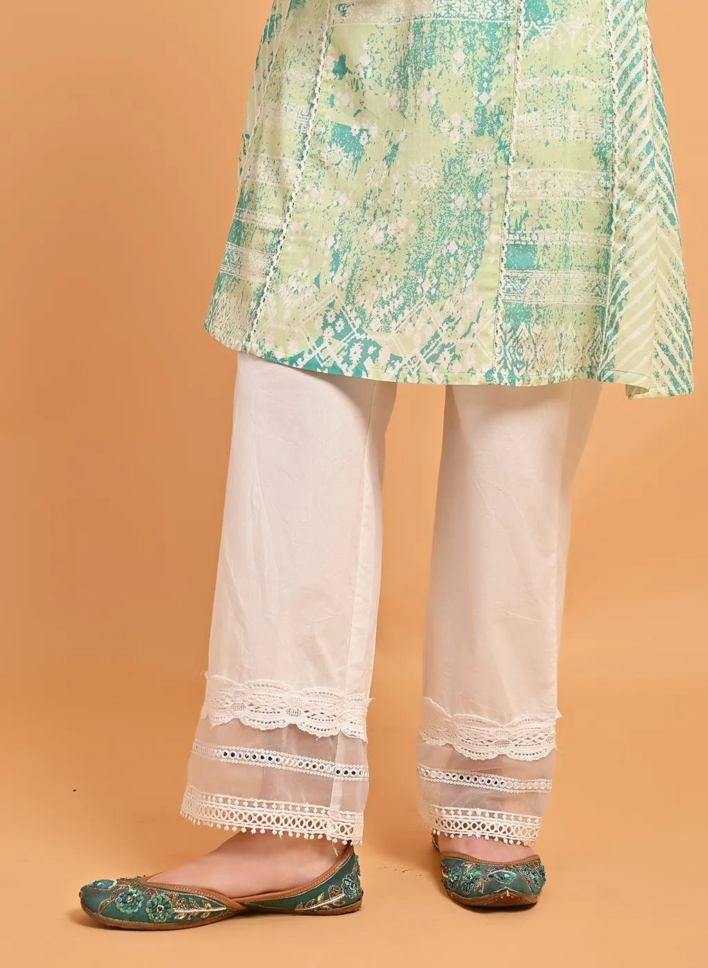 Green Printed Short Kurti for Women with Lace Detailing