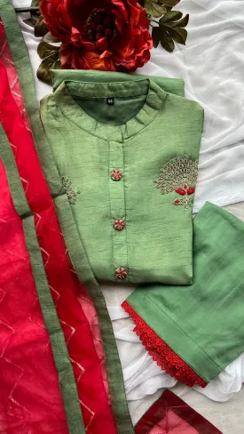 Green silk embroidery hand work 3 piece kurti set
