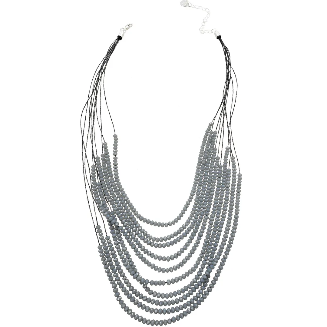 Greti - Multi row grey beads necklace on silk threads