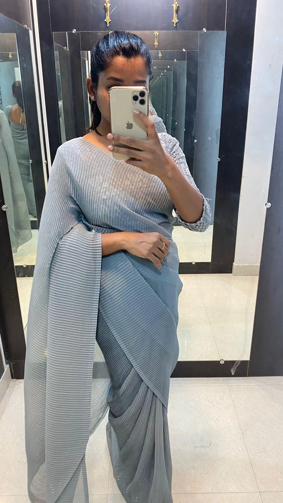 Grey crushed saree with ready to wear Blouse