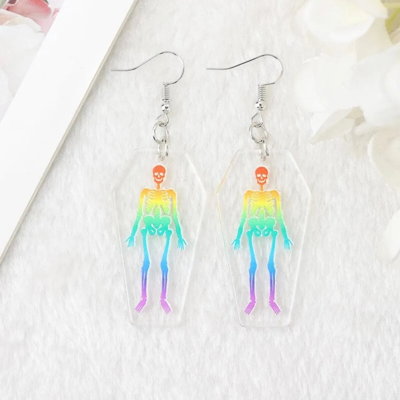 Halloween Earrings - Handmade Earrings, Handmade Jewelry, Skeleton Earrings, Rainbow Earrings, Rainbow Skeleton, Coffin Earrings