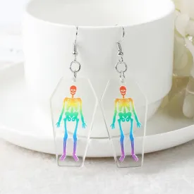 Halloween Earrings - Handmade Earrings, Handmade Jewelry, Skeleton Earrings, Rainbow Earrings, Rainbow Skeleton, Coffin Earrings