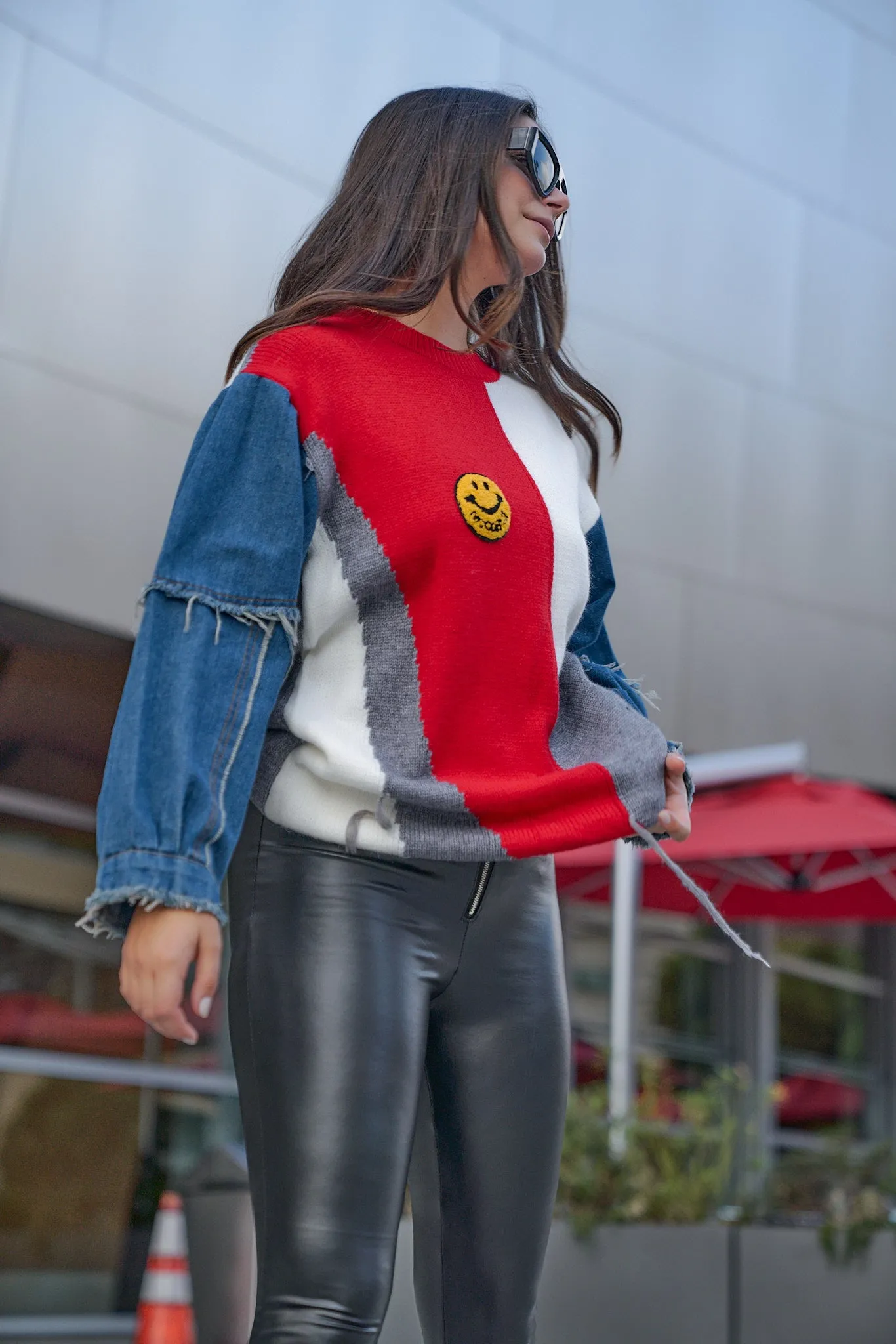 Happy Face Knitted Denim Sleeve Sweater