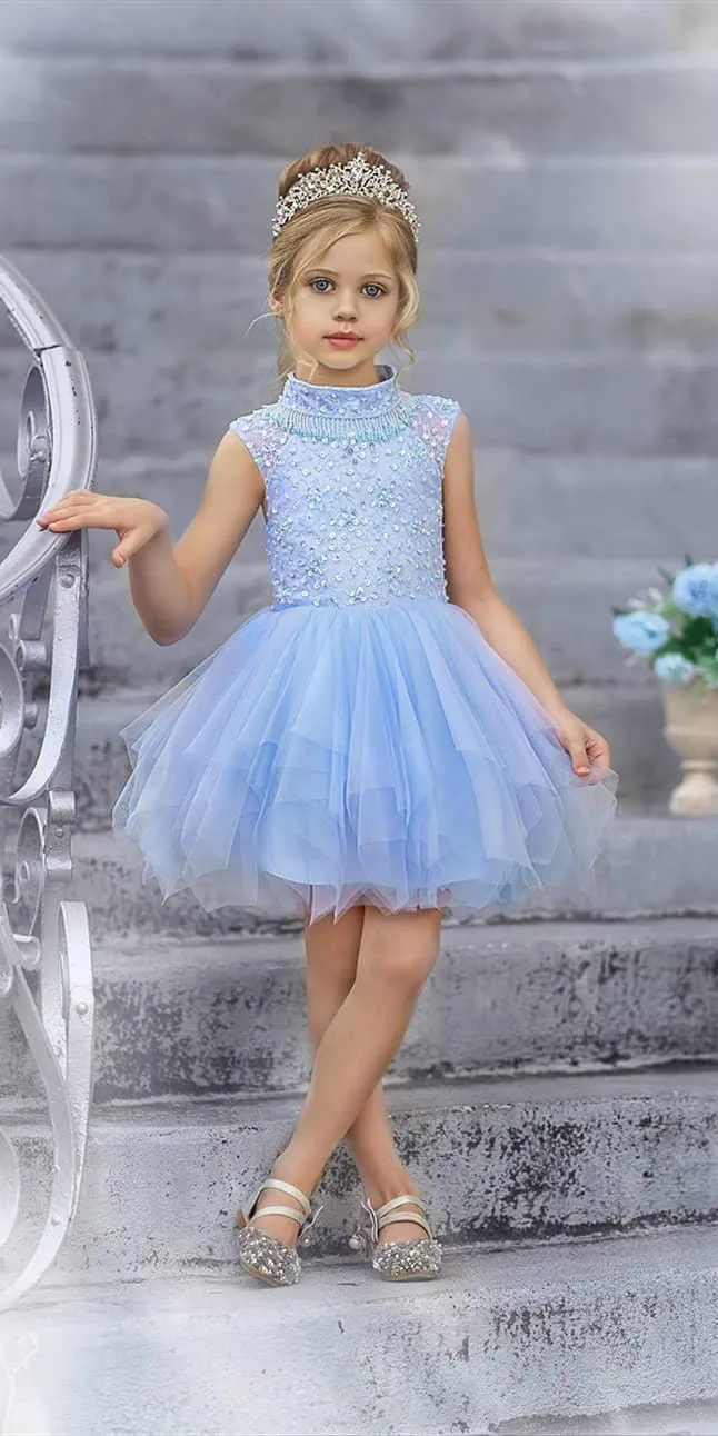 High Neck Light Blue Tulle Beaded Flower Girl Dresses, Detachable Skirt Flower Girl Dresses