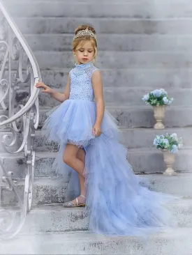 High Neck Light Blue Tulle Beaded Flower Girl Dresses, Detachable Skirt Flower Girl Dresses