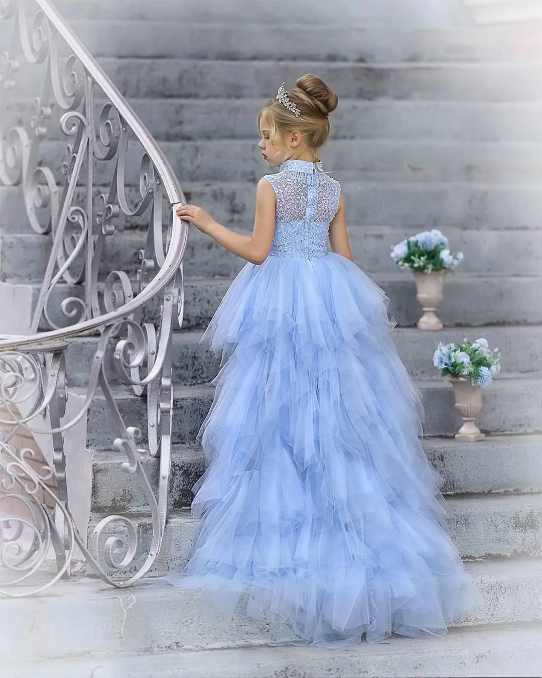 High Neck Light Blue Tulle Beaded Flower Girl Dresses, Detachable Skirt Flower Girl Dresses