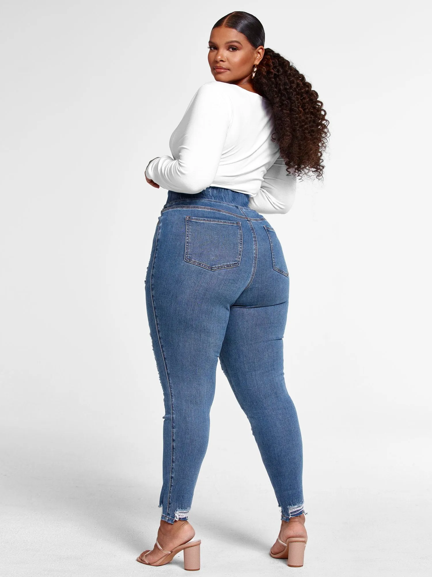 High Rise Medium Wash Destructed Jeggings - Tall Inseam