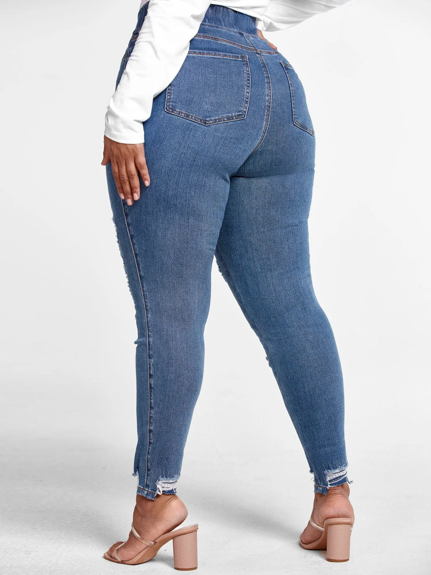 High Rise Medium Wash Destructed Jeggings - Tall Inseam