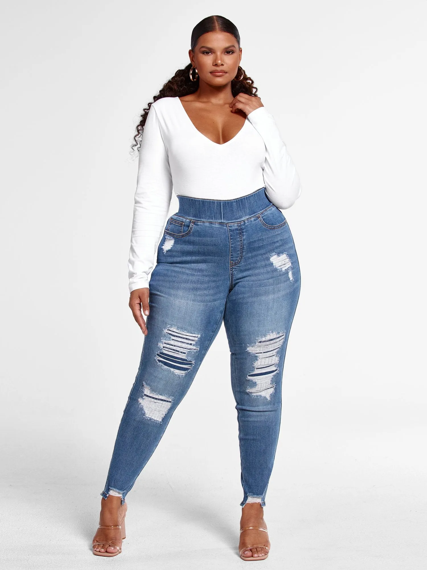 High Rise Medium Wash Destructed Jeggings - Tall Inseam