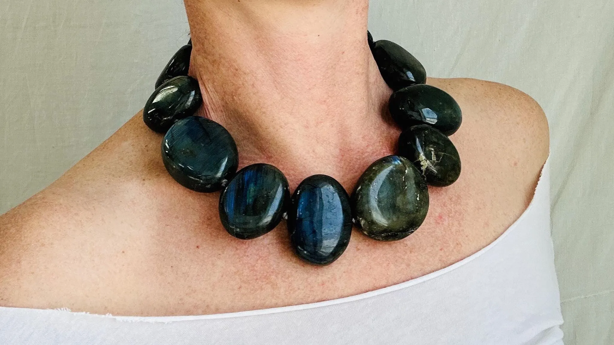 Labradorite Necklace. Beautiful Oversized Stone Jewelry with Sterling Silver Clasp.