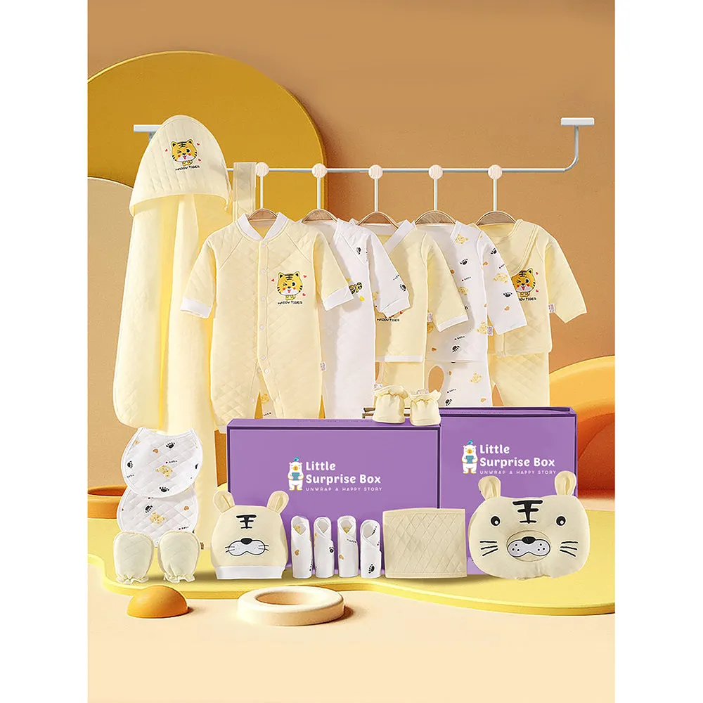 Little Surprise Box, 23 pcs Yellow & White Dual Tiger, Newborn Baby Girl/ Boy All season wear Gift Hamper Box
