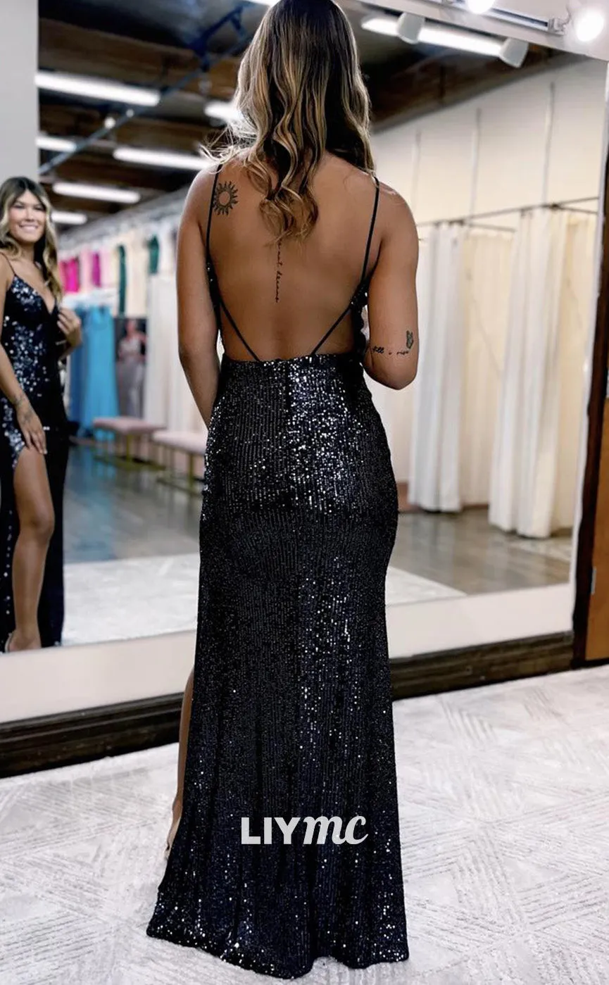 LP1973 - V-Neck Sleeveless Open Back Sequins High Slit Sparkly Prom Dress